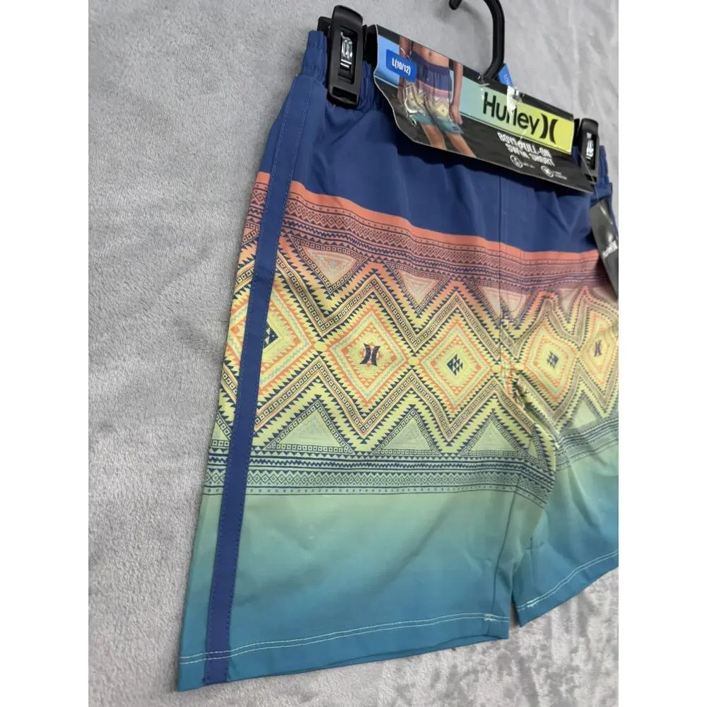 Hurley Boys Geometric Swim Shorts Blue Pink White L (10/12) Drawstring Stretch